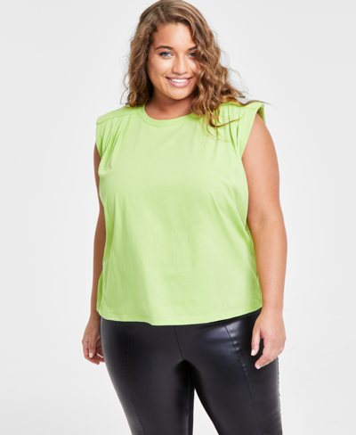 Bar Iii Plus Size Cotton Pleated-shoulder Top, Created For Macy's In Spring Lime