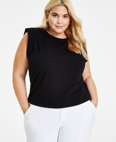 Bar Iii Plus Size Cotton Round-neck Pleat-shoulder T-shirt, Created For Macy's In Deep Black