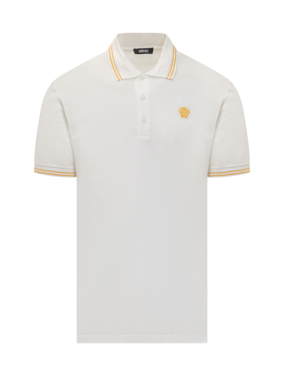 Versace White Polo Shirt With Classic Collar And Medusa Embroidery On The Front In Neutral