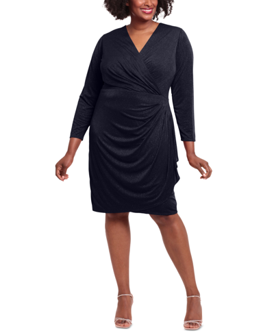 London Times Plus Size Ruched Surplice Glitter-knit Dress In Navy