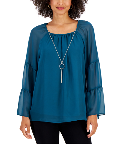 Jm Collection Petite Abstract-print Tiered-sleeve Top, Created For Macy's In Teal Evergreen