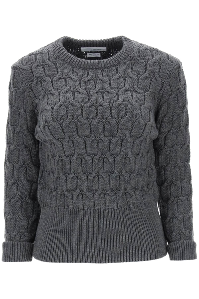 Thom Browne Jumper In Wool Cable Knit In Grey