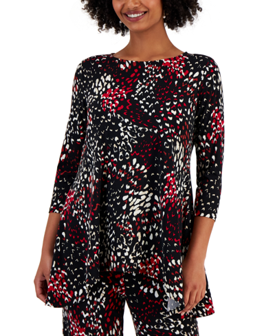 Jm Collection Petite Printed 3/4-sleeve Long Top, Created For Macy's In Deep Black Combo