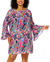 ANNE COLE PLUS SIZE DRAWSTRING V-NECK BELL-SLEEVE TUNIC COVER-UP