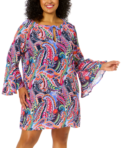 Anne Cole Plus Size Drawstring V-neck Bell-sleeve Tunic Cover-up In Paisley Parade