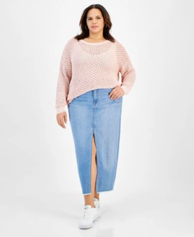 And Now This Now This Plus Size Crocheted Sweater Denim Maxi Skirt In Lotus Pink
