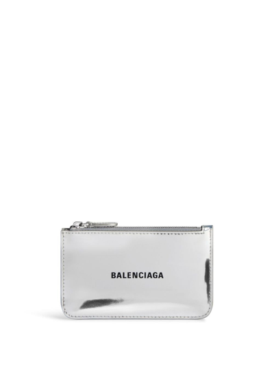 Balenciaga Logo-print Metallic Leather Cardholder In Silver