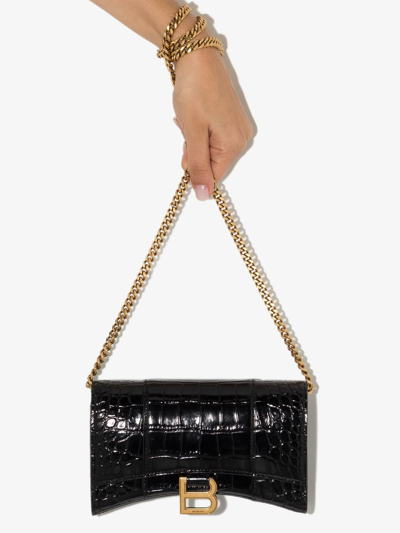 Balenciaga Hourglass Crocodile-effect Leather Wallet-on-chain In Black