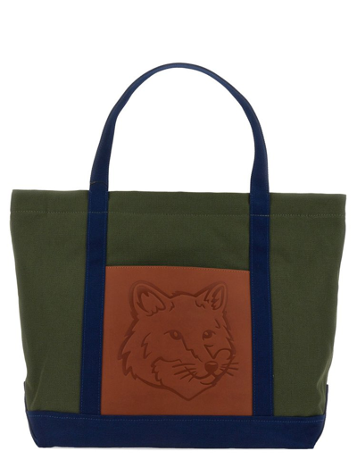 Maison Kitsuné Tote Bag Classic Fox Head Pocket - Maison Kitsune - Canvas - Military Green In Multi
