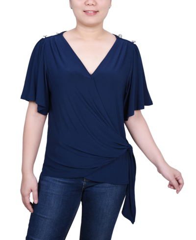 Ny Collection Women's Short Sleeve Wrap Top In Navy