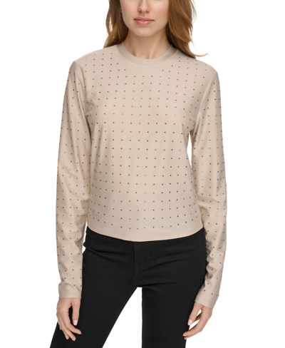 Dkny Jeans Women's Studded Crewneck Long-sleeve Top In Pbl - Pebble