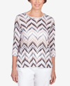 ALFRED DUNNER WOMEN'S CLASSIC NEUTRALS SHIMMERING CHEVRON 3/4 SLEEVE TOP