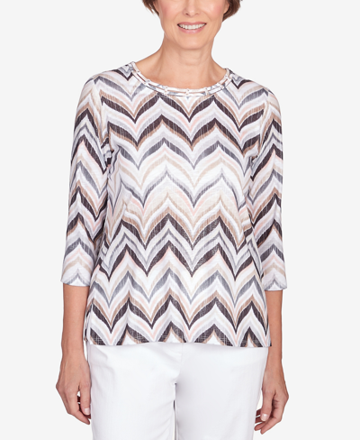 Alfred Dunner Women's Classic Neutrals Shimmering Chevron 3/4 Sleeve Top In Multi