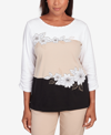 ALFRED DUNNER WOMEN'S NEUTRAL TERRITORY BLOCKED FLORAL EMBROIDERY TOP