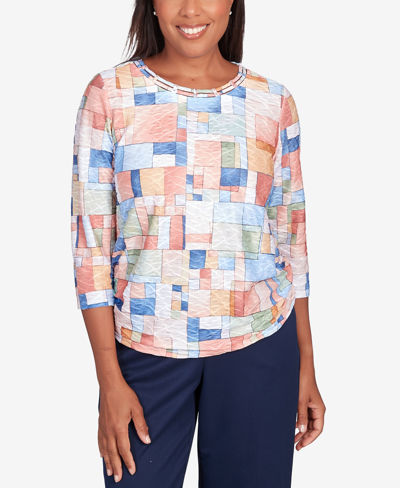 Alfred Dunner Petite A Fresh Start Boxes Texture Shirttail Hem Top In Multi