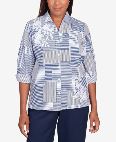 Alfred Dunner Women's A Fresh Start Embroidered Stripe Patch Button Down Top In Navy