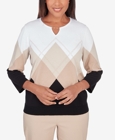 Alfred Dunner Plus Size Neutral Territory Ombre Argyle Split Neck Sweater In Multi