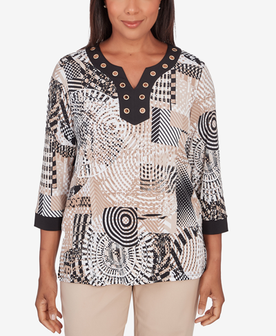 Alfred Dunner Petite Neutral Territory Geometric Grommet Split Neck Top In Multi