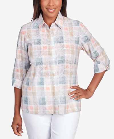 Alfred Dunner Petite Classic Neutral Plaid Button Down Top In Multi