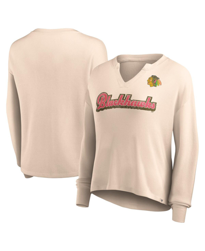 Fanatics Women's  Oatmeal Distressed Chicago Blackhawks Go For It Notch Neck Waffle Knit Long Sleeve