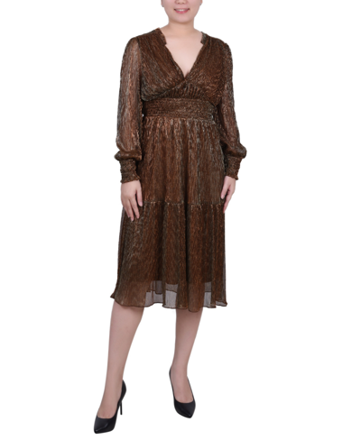 Ny Collection Plus Size Long Sleeve Plisse Mesh Dress In Bronze