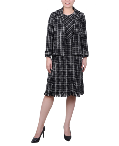 Ny Collection Petite Long Sleeve Tweed Jacket With Dress Set, 2 Piece In Black Ivory