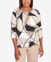 ALFRED DUNNER WOMEN'S NEUTRAL TERRITORY ABSTRACT PATCHWORK PLEATED NECK TOP