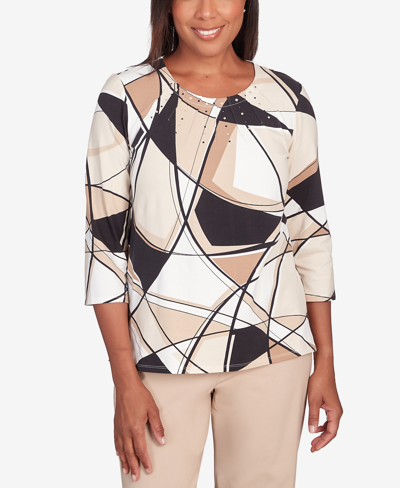 Alfred Dunner Petite Neutral Territory Abstract Patchwork Pleated Neck Top In Multi