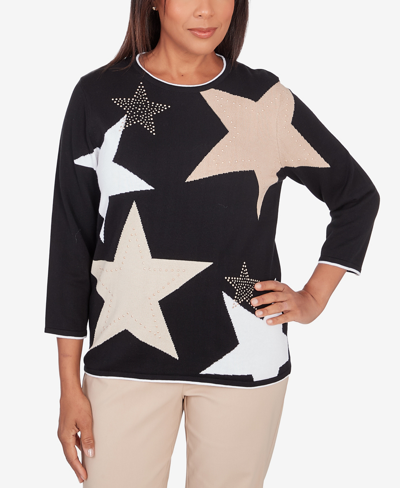 Alfred Dunner Petite Neutral Territory Star Patch Crew Neck Sweater In Black
