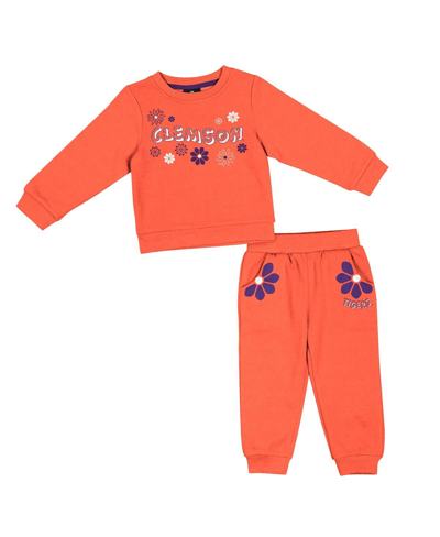 Colosseum Babies' Girls Toddler  Orange Clemson Tigers Flower Power Fleece Pullover Sweatshirt And Pants