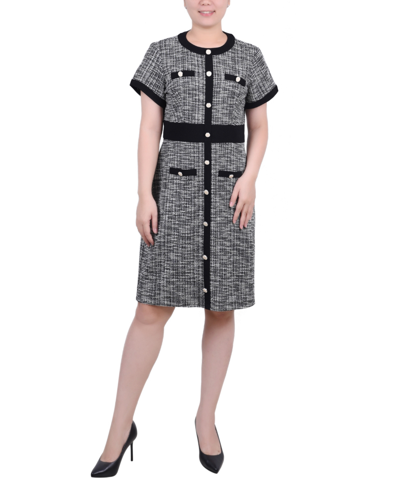 Ny Collection Petite Short Sleeve Tweed Dress In Black White