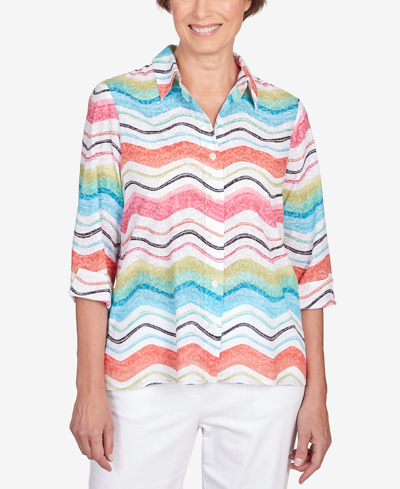 Alfred Dunner Petite Classic Brights Wavy Stripe Button Down Top In Multi