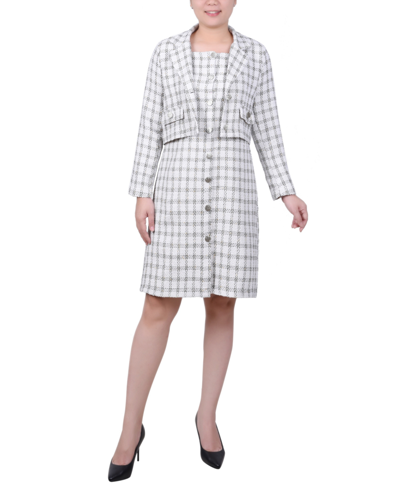 Ny Collection Petite Long Sleeve Tweed Jacket With Dress Set, 2 Piece In Ivory Black Gold