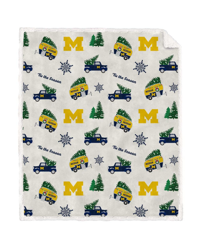Pegasus Home Fashions Michigan Wolverines Holiday Truck Repeat 50" X 60" Sherpa Flannel Fleece Blanket In White