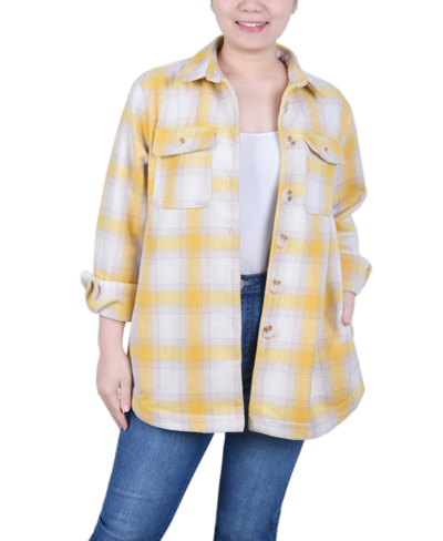 Ny Collection Plus Size Long Sleeve Twill Shirt Jacket In Yellow White Plaid