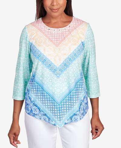 Alfred Dunner Petite Classic Pastels Pleated Neck Chevron Top In Multi