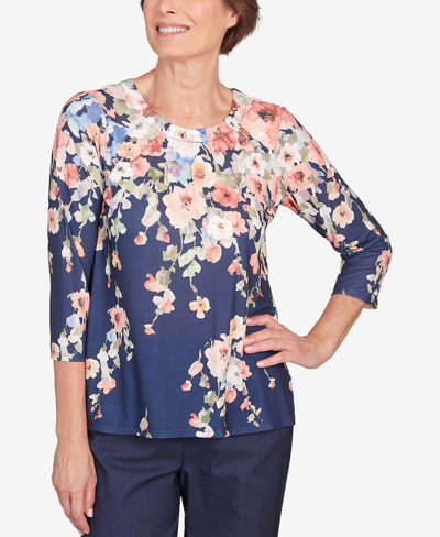 Alfred Dunner Plus Size A Fresh Start Floral Garden Pleated Neck Top In Navy Multi