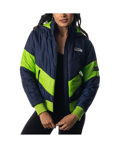 THE WILD COLLECTIVE WOMEN'S THE WILD COLLECTIVE COLLEGE NAVY SEATTLE SEAHAWKS PUFFER FULL-ZIP HOODIE JACKET