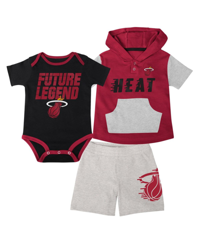 OUTERSTUFF INFANT BOYS AND GIRLS BLACK, RED, GRAY MIAMI HEAT BANK SHOT BODYSUIT, HOODIE T-SHIRT AND SHORTS SET