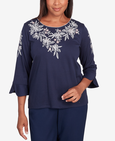 Alfred Dunner Petite A Fresh Start Embroidered Flowers Flutter Sleeve Top In Navy