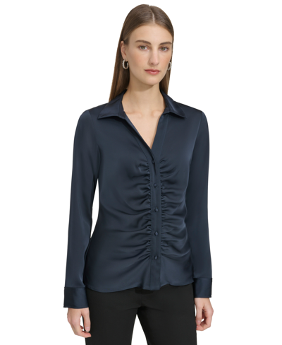 Calvin Klein Women's Ruched Button-front Top In Navy