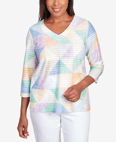 Alfred Dunner Petite Classic Pastels Textured Geometric V-neck Top In Multi