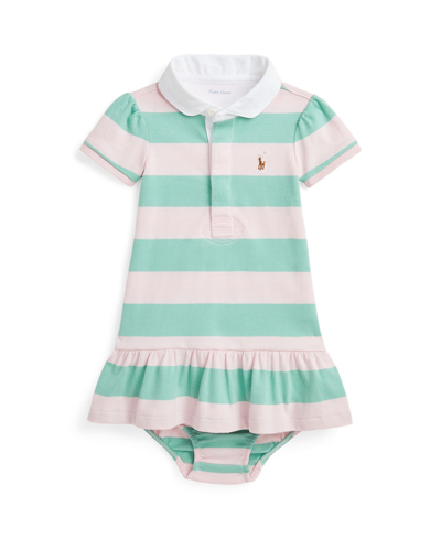 Polo Ralph Lauren Baby Girls Striped Cotton Rugby Dress And Bloomer Set In Celadon,hint Of Pink