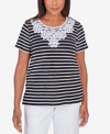 ALFRED DUNNER WOMEN'S CLASSIC NEUTRALS LACE NECK STRIPED SPLIT HEM T-SHIRT