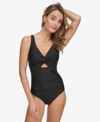 DKNY WOMEN'S SHIRRED KEYHOLE DETAIL ONE-PIECE SWIMSUIT