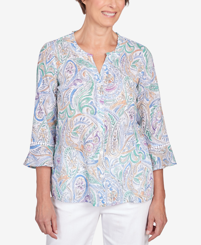 Alfred Dunner Petite Classic Pastels Paisley Flutter Sleeve Button Front Top In Multi