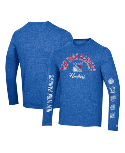 Champion Men's  Heather Blue Distressed New York Rangers Multi-logo Tri-blend Long Sleeve T-shirt