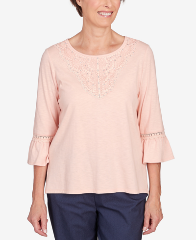 Alfred Dunner Women's A Fresh Start Lace Neck Solid Flutter Sleeve Top In Apricot