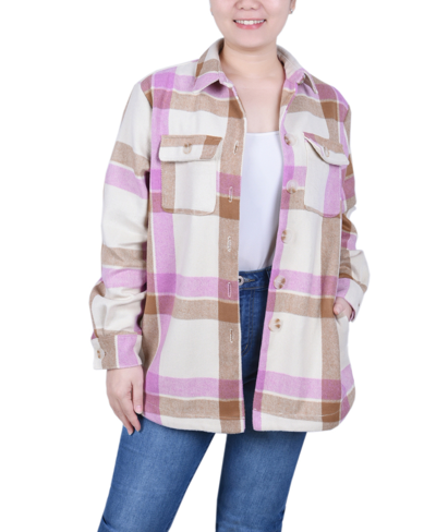 Ny Collection Plus Size Long Sleeve Twill Shirt Jacket In Pink White Plaid