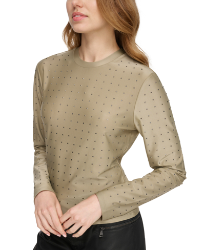 Dkny Jeans Women's Studded Crewneck Long-sleeve Top In Gi - Lght Fatigue